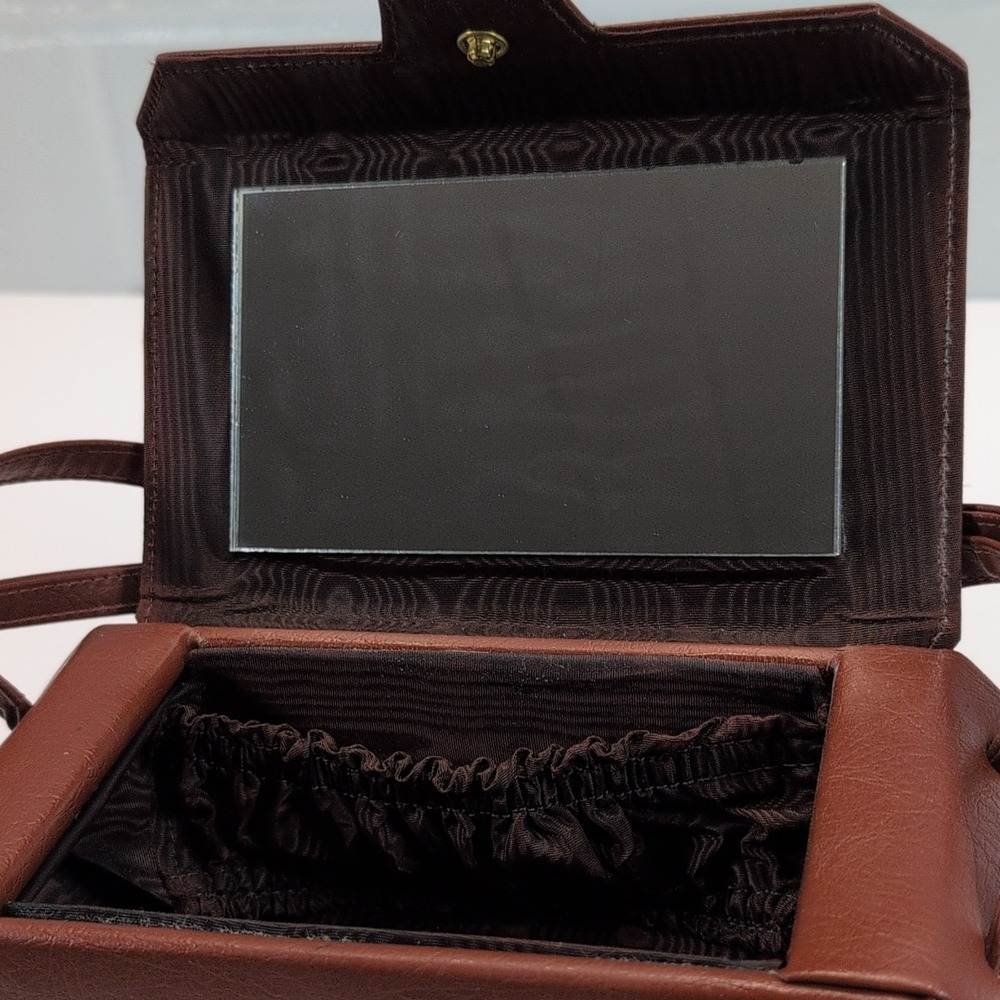 Vintage Geometric Brown Travel Vanity Makeup Case w/ Mirror, 8x4x3 in.